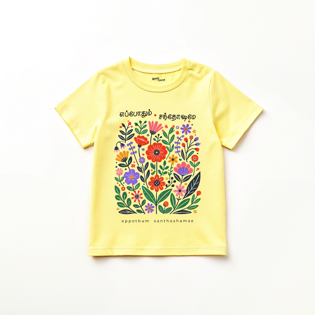 Girls' Yellow 'Eppothum Santhoshamae' Floral Graphic T-Shirt