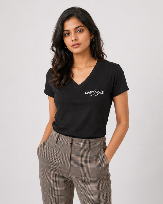 Maatram | Women Regular Fit V Neck Black T-shirt