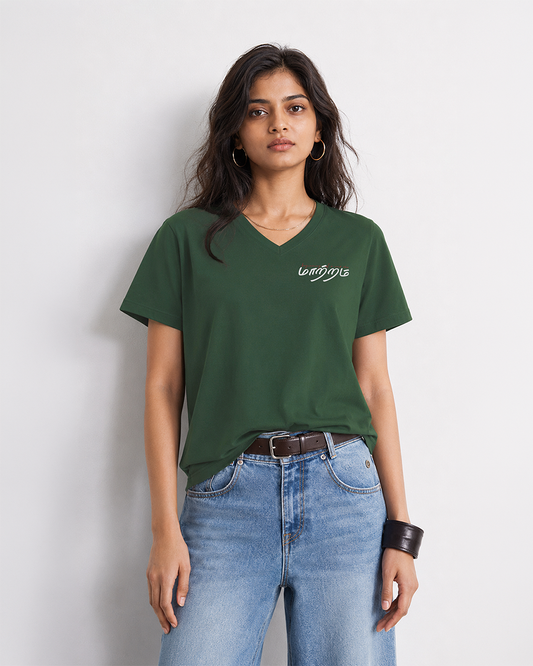 Maatram | Women Regular Fit V Neck Olive-Green T-shirt