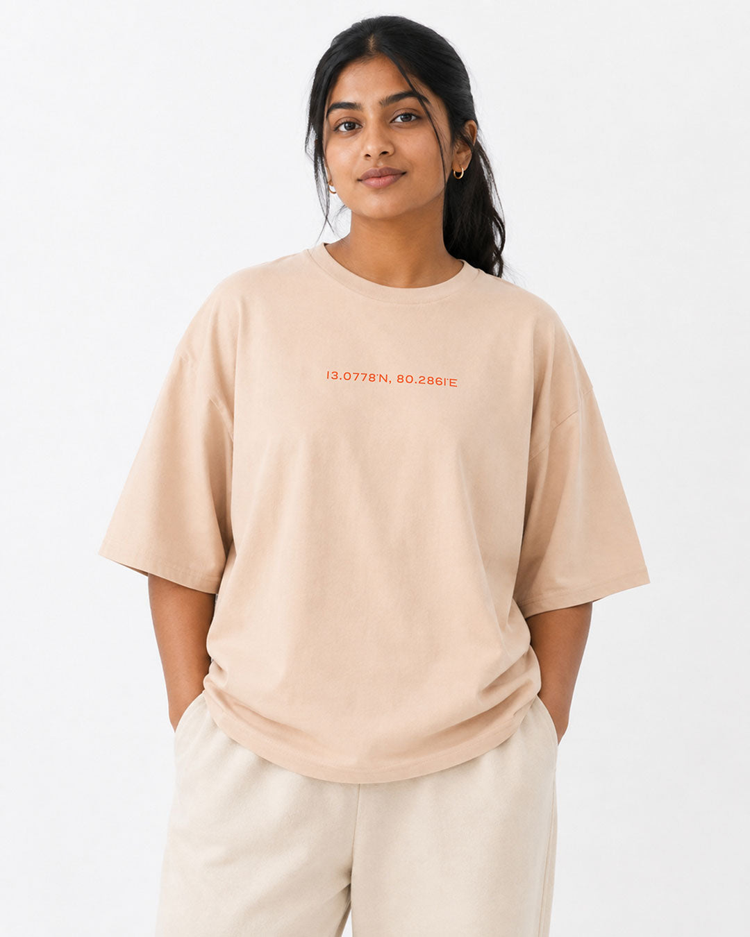 Madras 1755 Coordinates | Women's Premium Oversized Beige T-Shirt