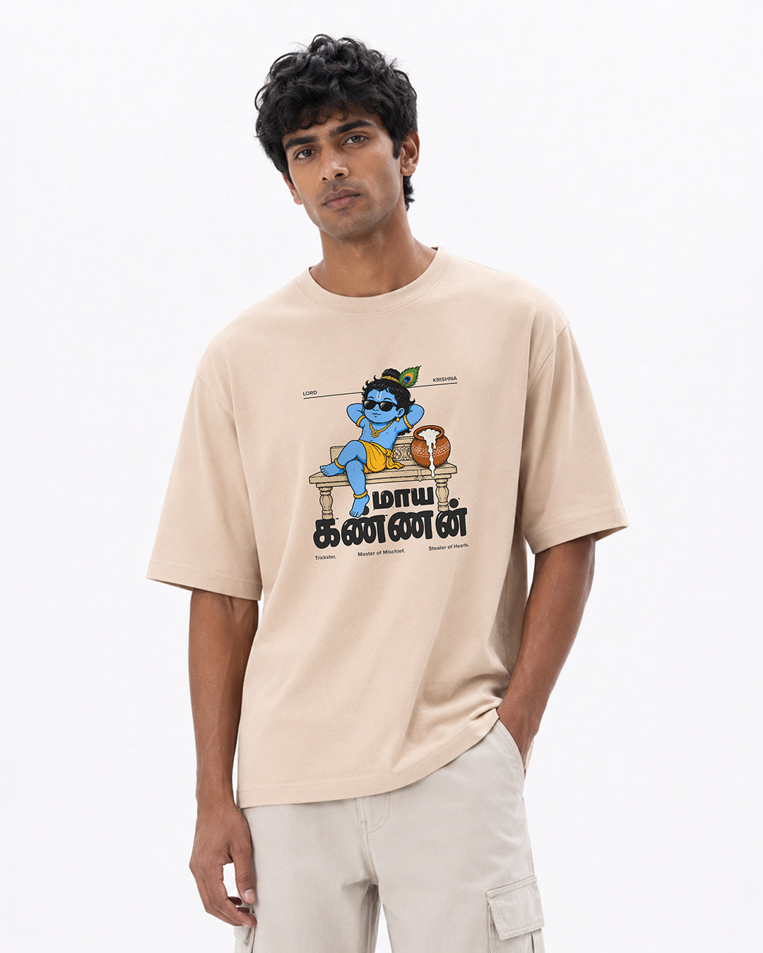Maaya Kannan | Krishna Men Oversized Boxy Beige T-Shirt