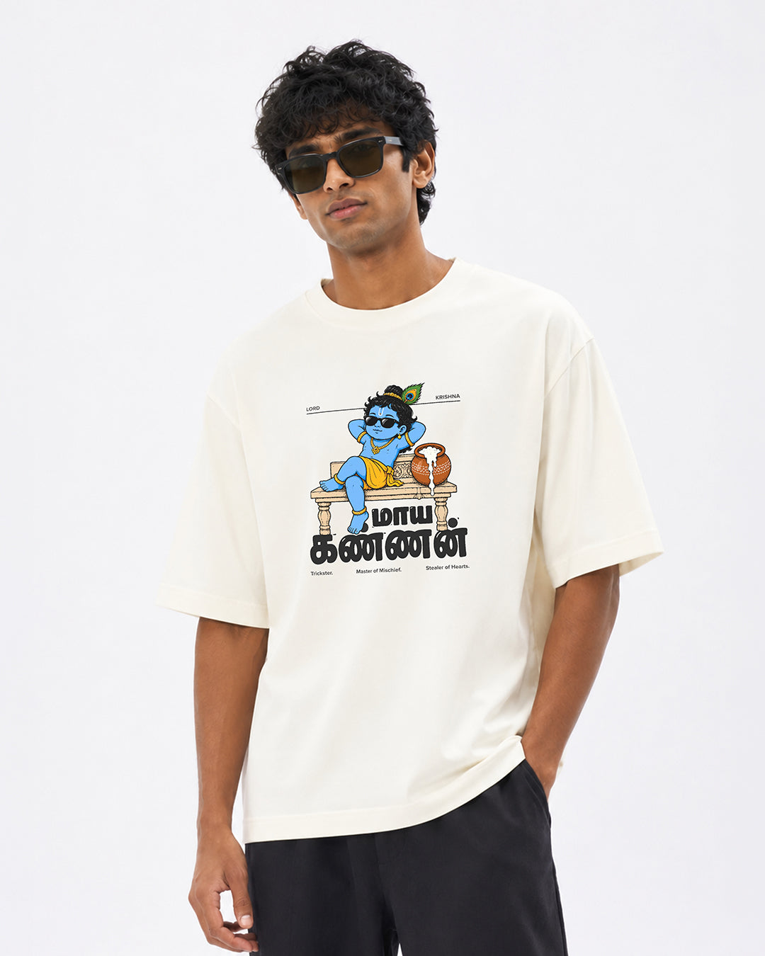 Maaya Kannan | Krishna Men Oversized Boxy Off-white T-Shirt