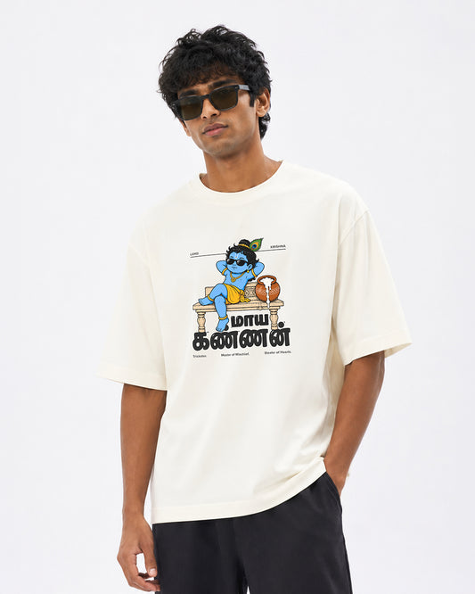 Maaya Kannan | Krishna Men Oversized Boxy Off-white T-Shirt