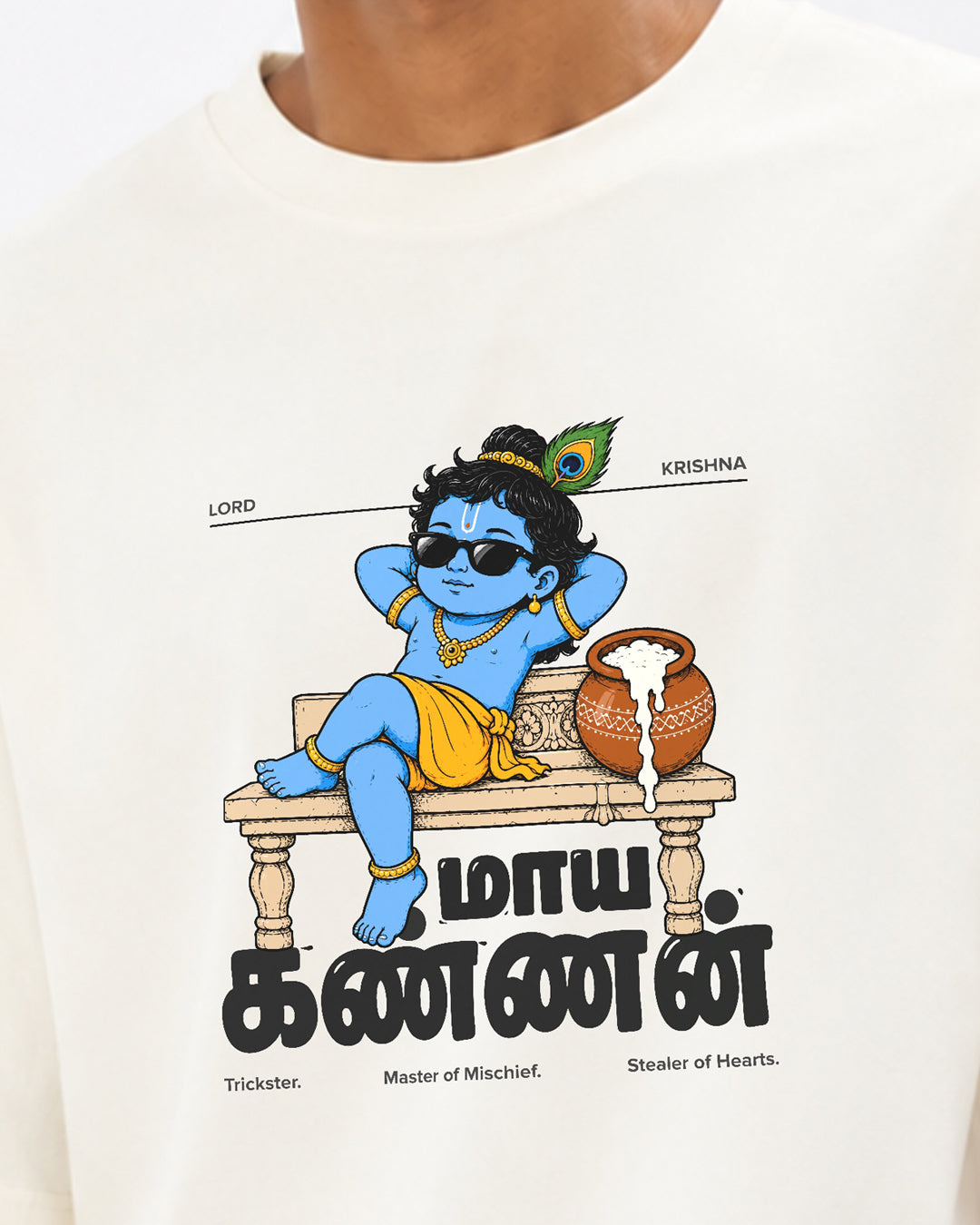 Maaya Kannan | Krishna Men Oversized Boxy Off-white T-Shirt