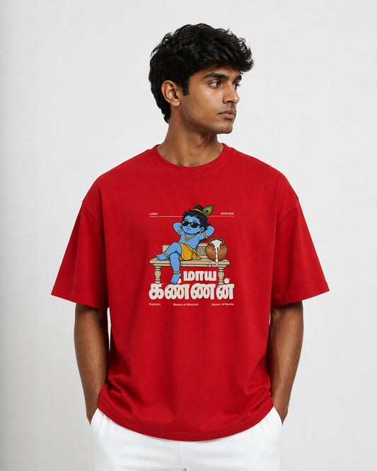Maaya Kannan | Krishna Men Oversized Boxy Red T-Shirt