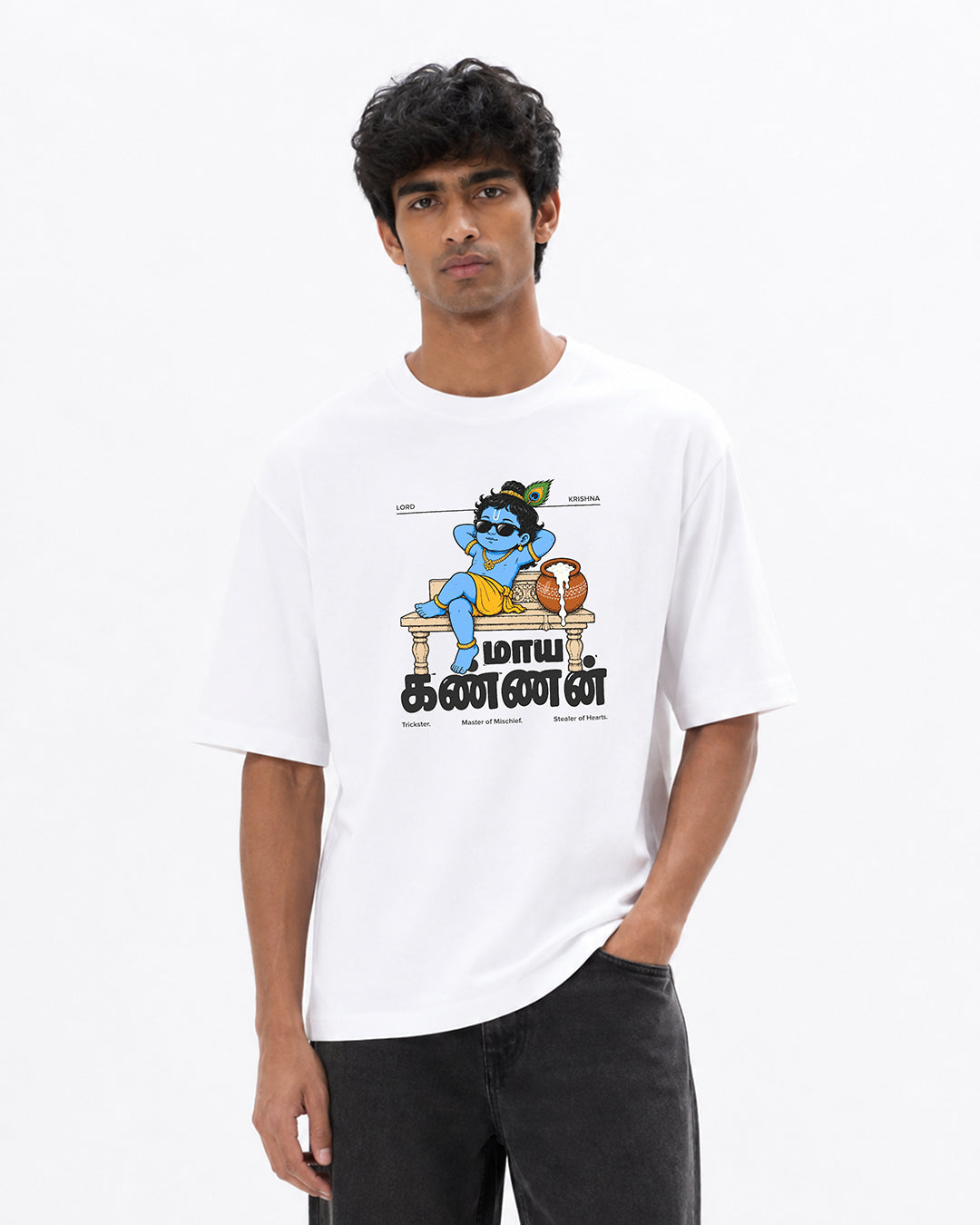 Maaya Kannan | Krishna Men Oversized Boxy White T-Shirt