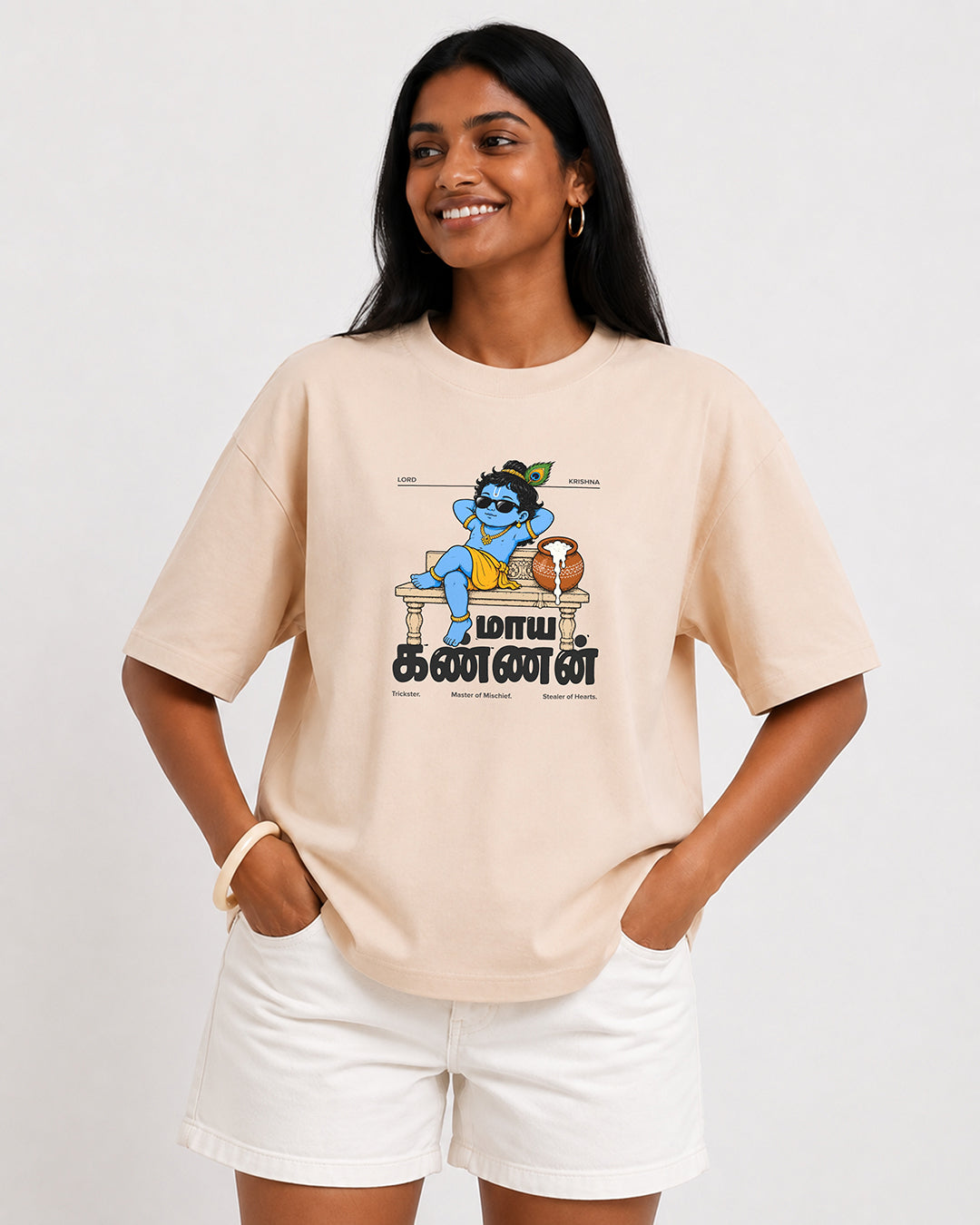 Maaya Kannan | Krishna Women's Oversized Boxy Beige T-Shirt