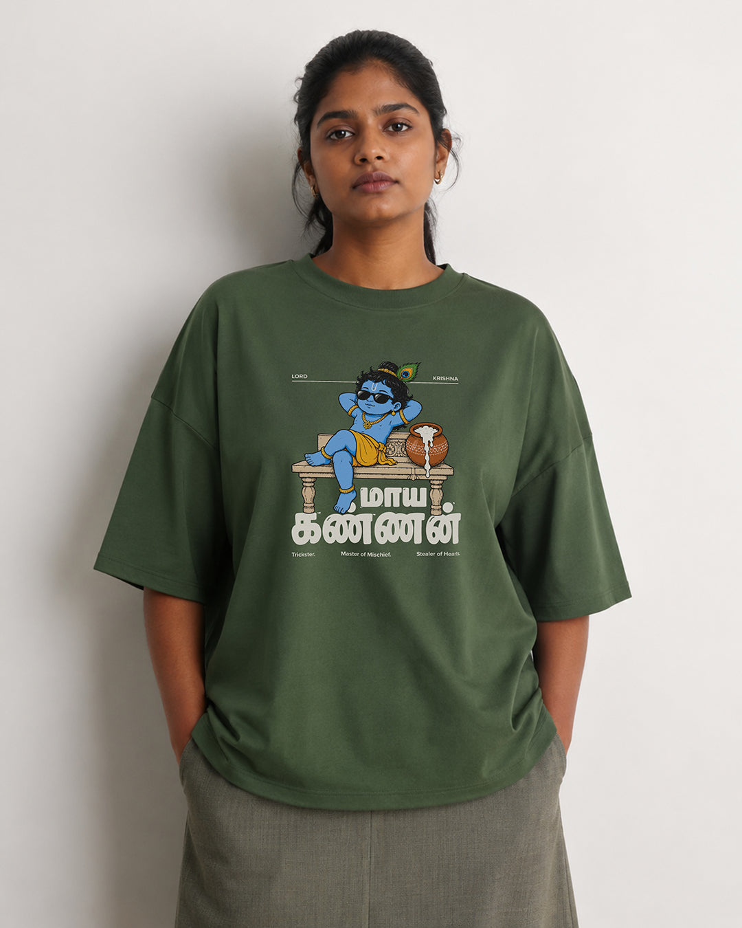 Maaya Kannan | Krishna Women Oversized Boxy Green T-Shirt