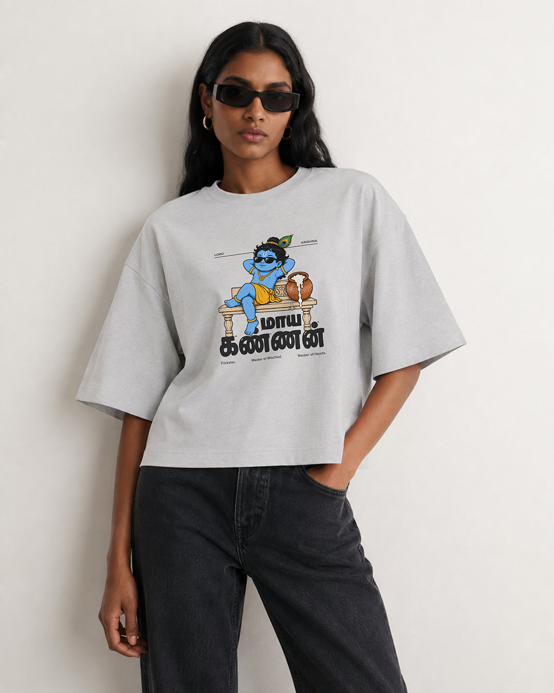 Maaya Kannan | Krishna Women Oversized Boxy Grey T-Shirt