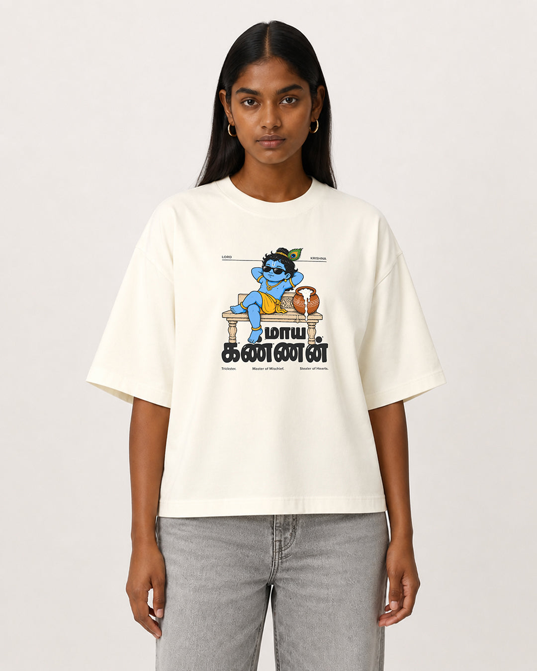 Maaya Kannan | Krishna Women's Oversized Boxy Off-white T-Shirt