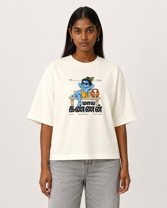 Maaya Kannan | Krishna Women's Oversized Boxy Off-white T-Shirt