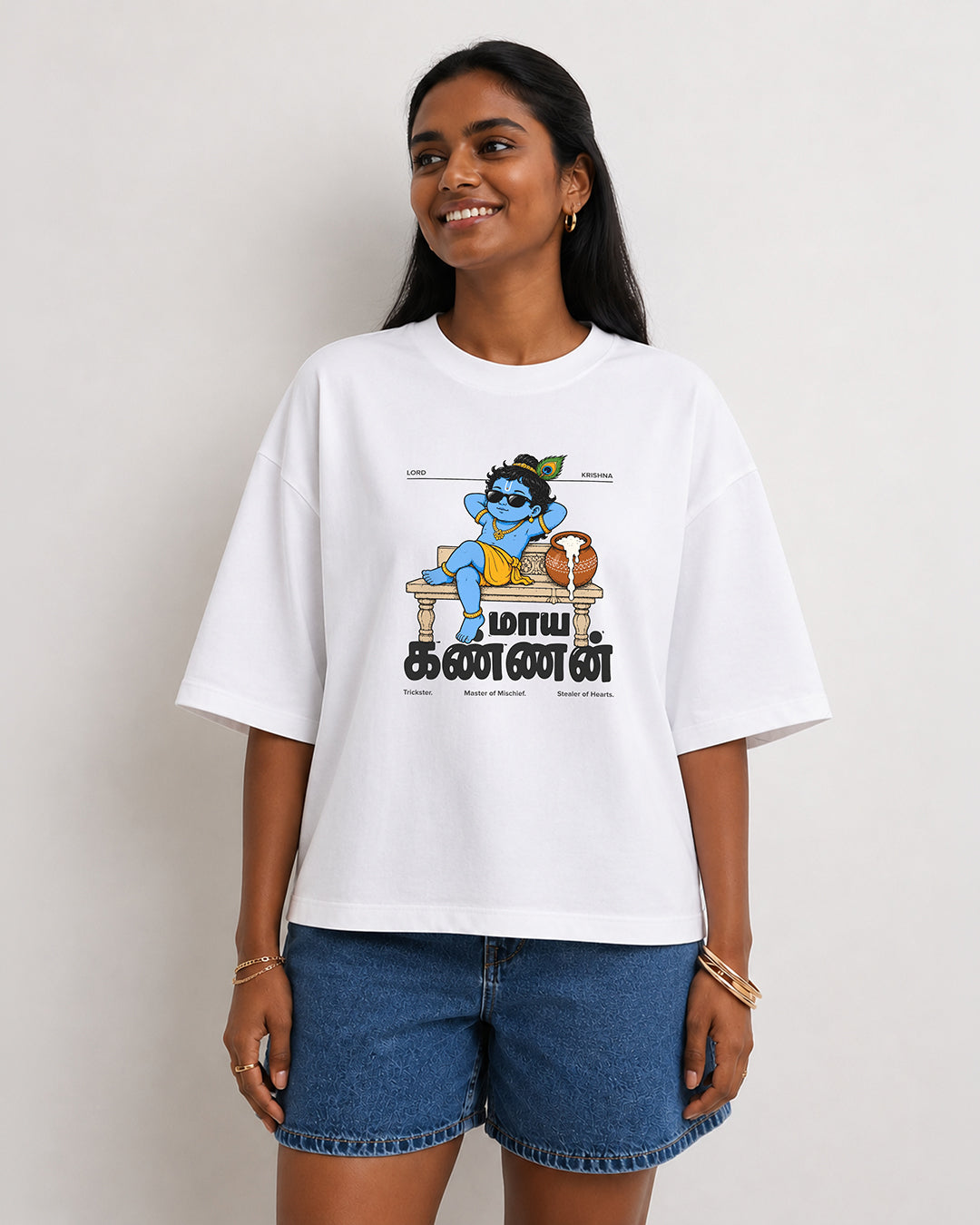 Maaya Kannan | Krishna Women Oversized Boxy White T-Shirt