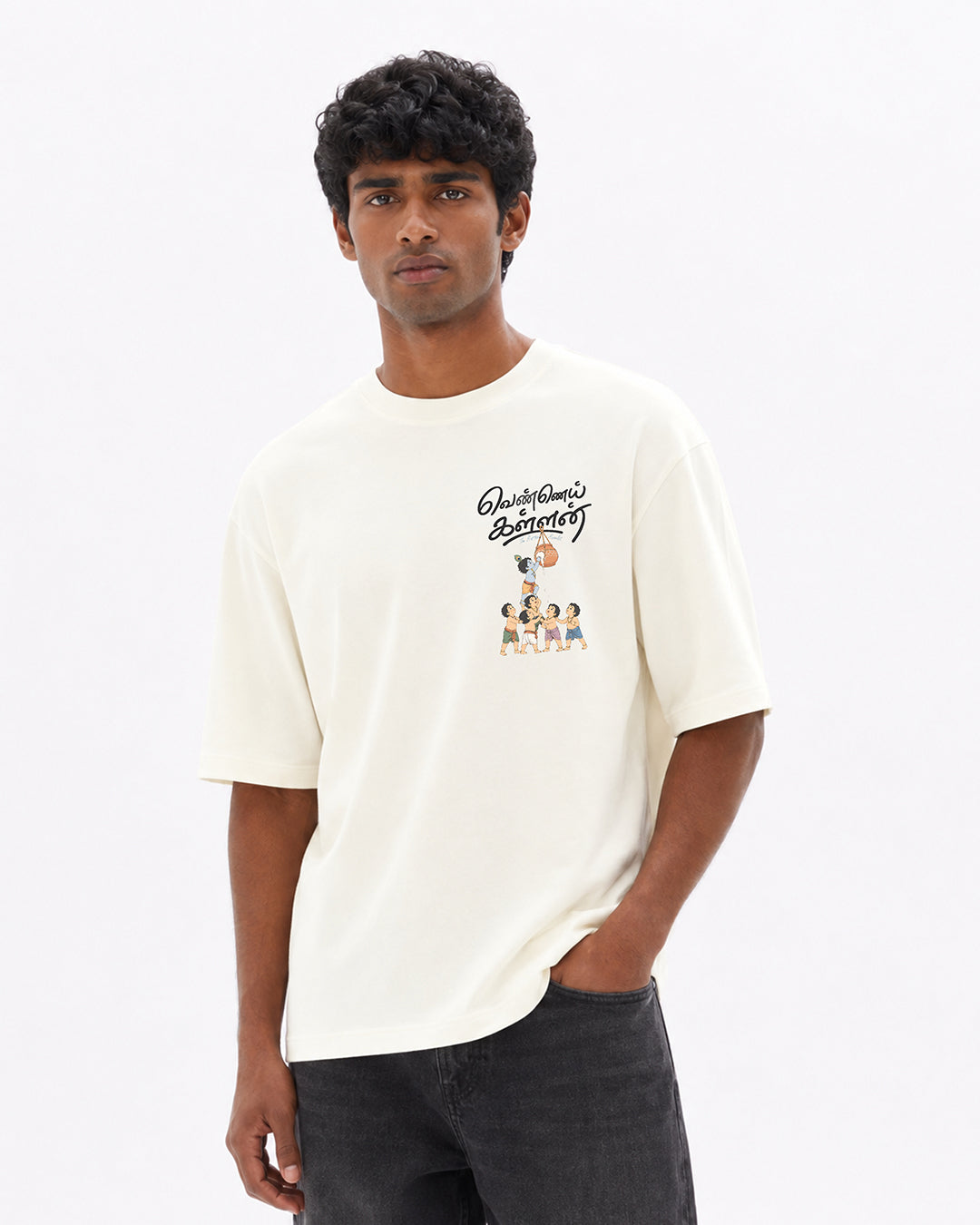 Vennai Kallan | Butter Bandit Men Oversized Boxy Off-White T-Shirt
