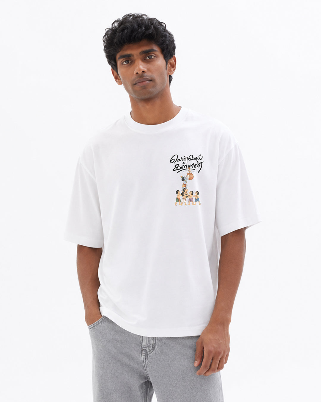 Vennai Kallan | Butter Bandit Men Oversized Boxy White T-Shirt