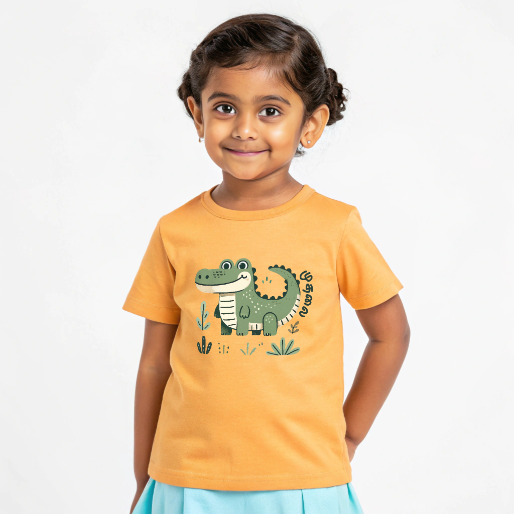 Girls' Orange 'Muthalai - Crocodile' Playful Graphic T-Shirt