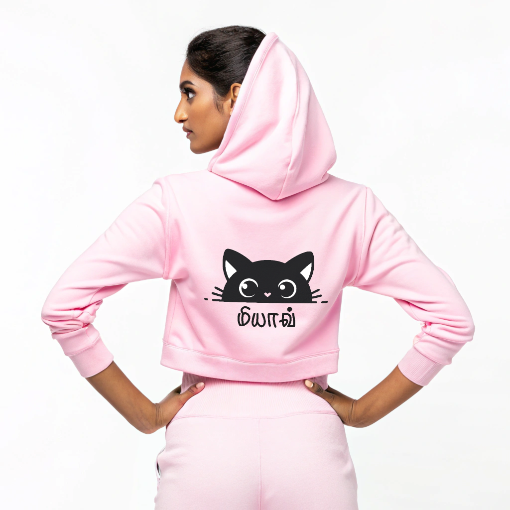 Women's Cropped 'Meow' Hoodie with Cat Graphic