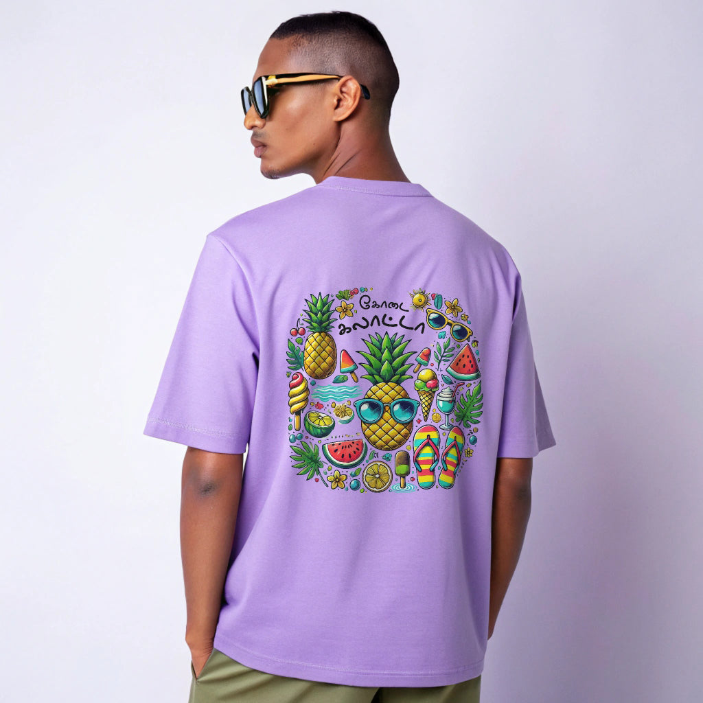 Men's Lavender 'Kodai Kallata' Summer Graphic Oversized T-Shirt