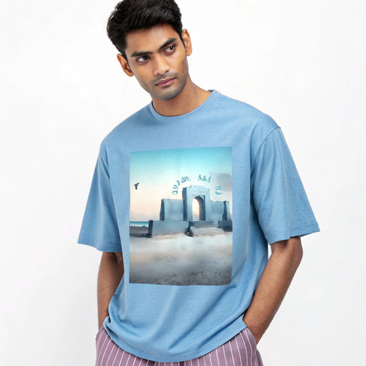 Men's Blue 'Besant Nagar Beach' Scenic Graphic Oversized T-Shirt